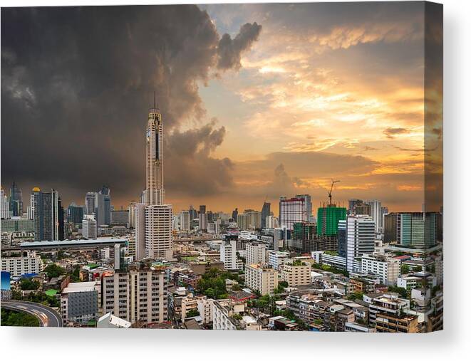 Cityscape Canvas Print featuring the photograph Bangkok, Thailand Urban Cityscape by Sean Pavone