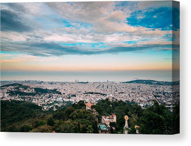 Landscapeaerial Canvas Print featuring the photograph Barcelona, Spain. Aerial View Evening by Ryhor Bruyeu