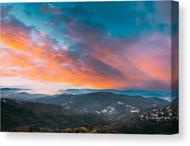 Landscapeaerial Canvas Print featuring the photograph Barcelona, Spain. Evening Mountains by Ryhor Bruyeu