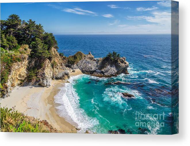 Francisco Canvas Print featuring the photograph Beach And Falls Julia Pfeiffer Beach by Lucky-photographer