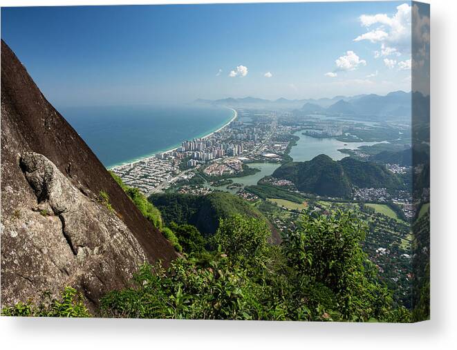 Atlantic Ocean Canvas Print featuring the photograph Beautiful Green View To City And Ocean From Rocky Rainforest Mountain by Cavan Images