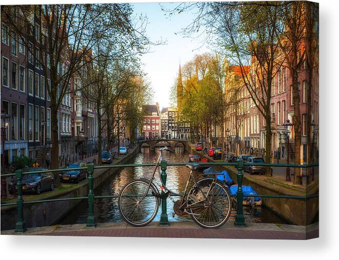 Cityscape Canvas Print featuring the photograph Bicycle On The Bridge With Netherlands by Prasit Rodphan