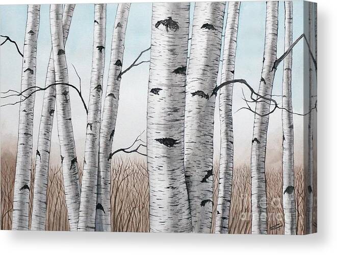 Birch Canvas Print featuring the painting Birch Trees in Early Winter in Watercolor by Christopher Shellhammer