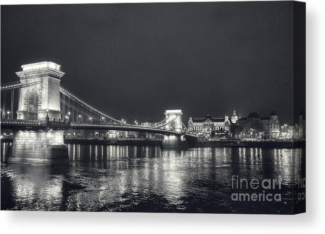 Budapest Canvas Print featuring the photograph Black and White Panorama of Budapest Chain Bridge by Stefano Senise