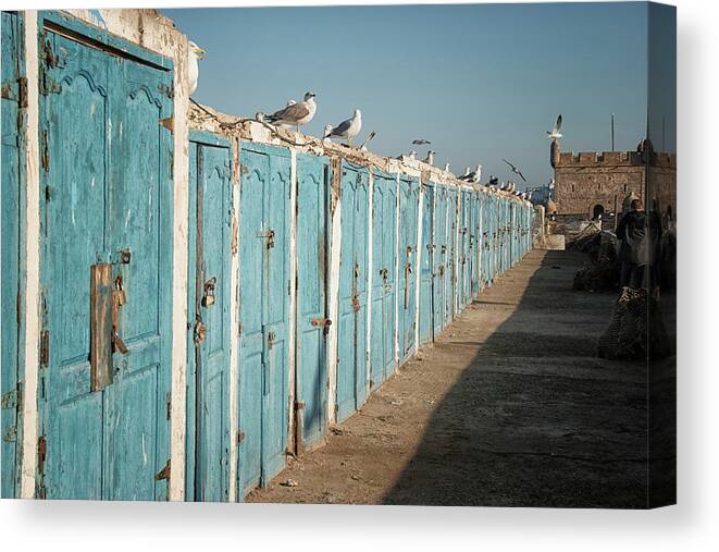 Fisherman Lockers Canvas Print featuring the photograph Blue Lockers by Jessica Levant