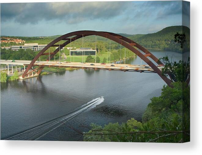 Wake Canvas Print featuring the photograph Boat Driving Under Bridge On Lake Austin by Dlanier