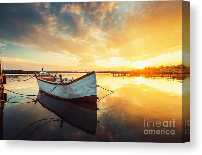 Pond Canvas Print featuring the photograph Boat On Lake With A Reflection by Valentin Valkov