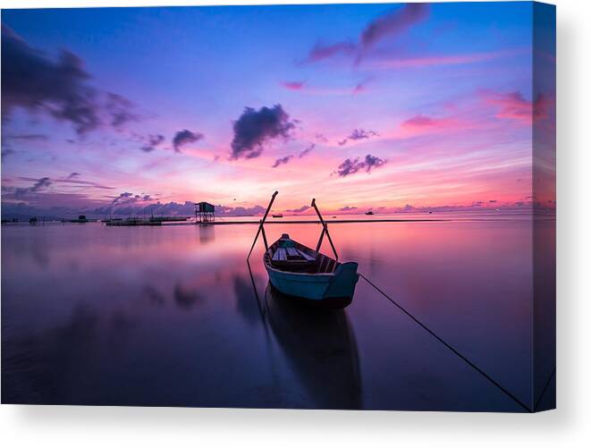 Landscape Canvas Print featuring the photograph Boat under the sunset by Top Wallpapers