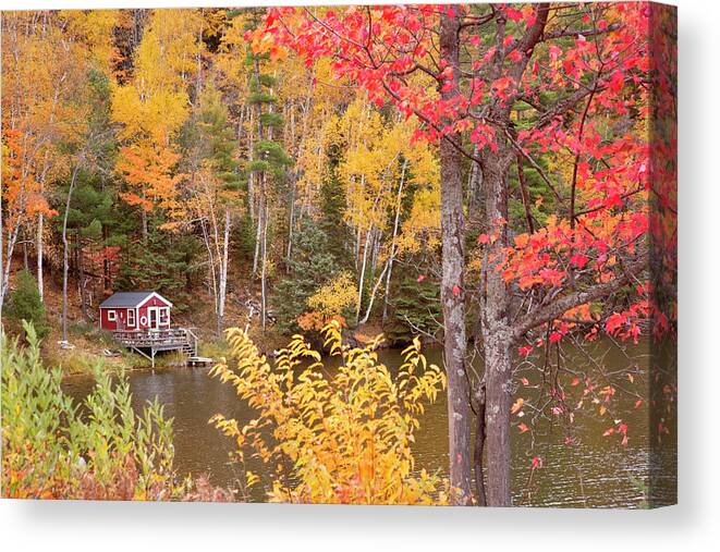 Boathouse In Autumn Canvas Print featuring the photograph Boathouse In Autumn, Marquette, Michigan '12-color by Monte Nagler