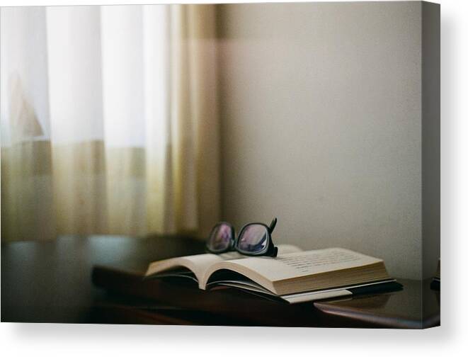 Education Canvas Print featuring the photograph Book With Glasses And Window Curtain by Photography By Bert.design