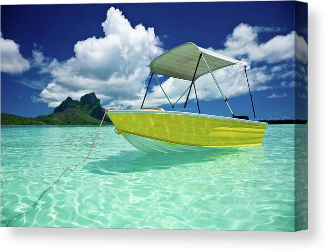 Motorboat Canvas Print featuring the photograph Bora-bora Idyllic Lagoon With Motor Boat by Mlenny