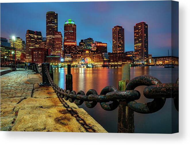 America Canvas Print featuring the photograph Boston Harbor Skyline From the Harborwalk at Dusk by Gregory Ballos