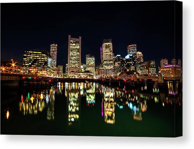 Boston Canvas Print featuring the photograph Boston Skyline Reflection Seaport Boston MA by Toby McGuire