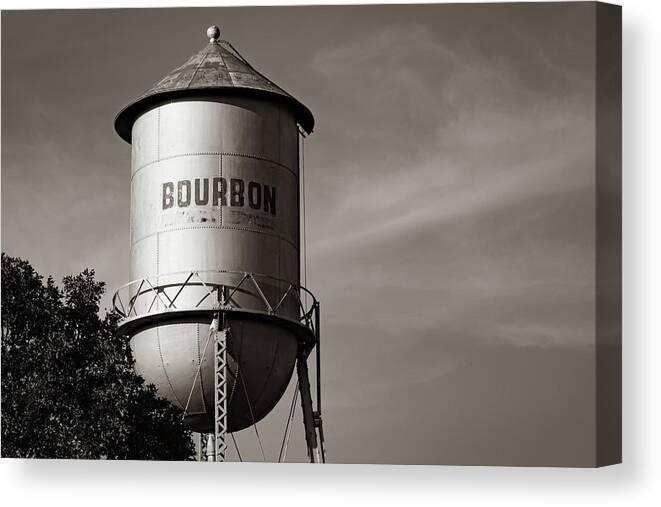 America Canvas Print featuring the photograph Bourbon Sepia Water Tower Tank - Sepia Missouri Rt 66 by Gregory Ballos