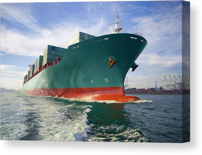 Trading Canvas Print featuring the photograph Bow View Of Loaded Cargo Ship Sailing by Stewart Sutton