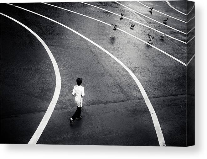 Street Canvas Print featuring the photograph Boy And Pigeons by Dani Bs.