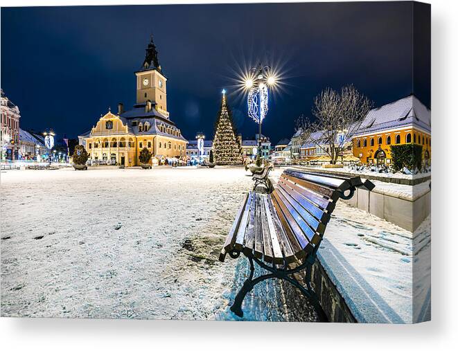 Cityscape Canvas Print featuring the photograph Brasov Christmas Tree by Attila Szabo