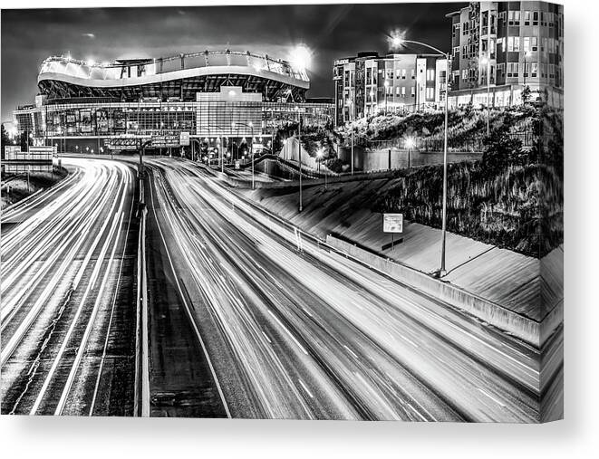 Denver Football Canvas Print featuring the photograph Mile High City Lights and Football Stadium in Black and White by Gregory Ballos