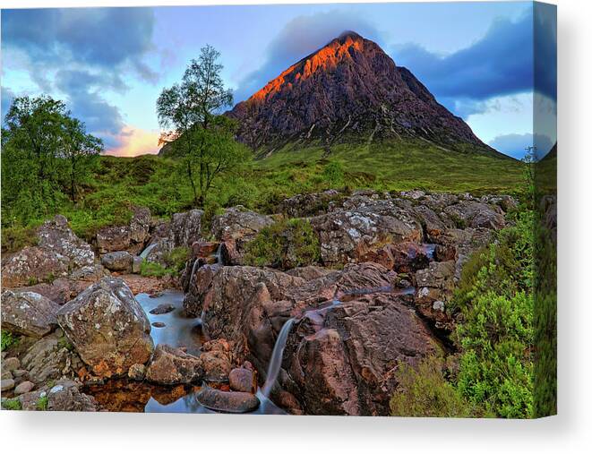 Buachaille Etive Mor Canvas Print featuring the photograph Buachaille Etive Mor with Etive Mor Falls - Scotland - Sunrise Landscape by Jason Politte