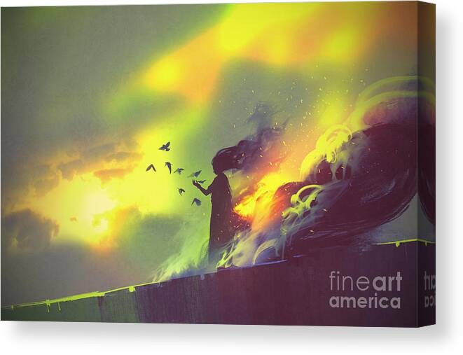 Magic Canvas Print featuring the digital art Burning Woman Standing Against Cloudy by Tithi Luadthong