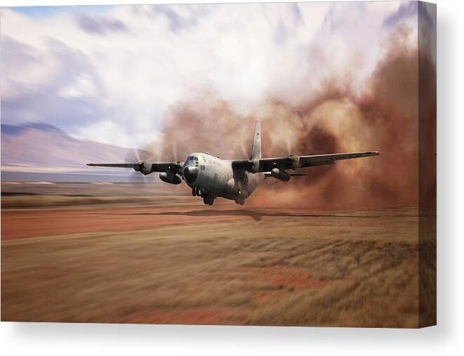 C-130 Hercules Canvas Print featuring the digital art C130 Dirt Strip Landing by Airpower Art