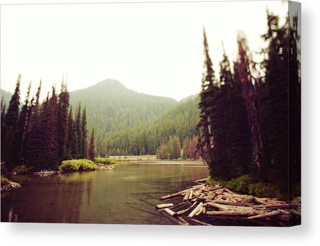 Sparks Lake Canvas Print featuring the photograph Calm Logged Overcast Tilt Shifted Lake by Kevinruss