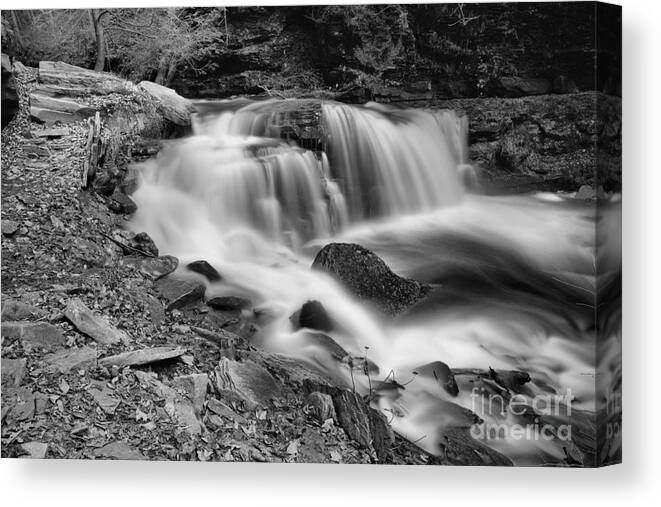 Ganoga Glen Canvas Print featuring the photograph Cayuga Falls Autumn View Black And White by Adam Jewell
