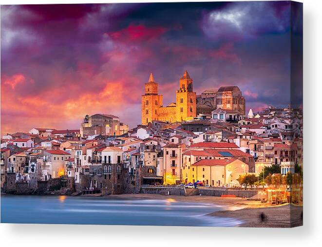 Landscape Canvas Print featuring the photograph Cefalu, Sicily, Italy On The Tyrrhenian by Sean Pavone