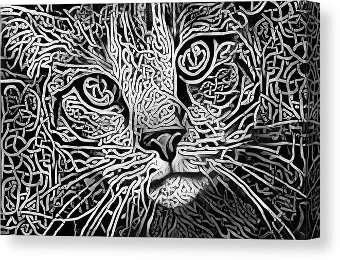 Celtic Cat Canvas Print featuring the digital art Celtic Knot Tabby Cat - Black and White Version by Peggy Collins