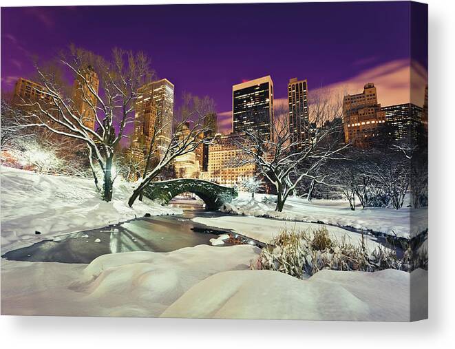 Dawn Canvas Print featuring the photograph Central Park At Night In Winter, Nyc by Espiegle