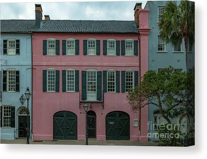 Pink House Canvas Print featuring the photograph Charleston Rainbow Row Pink House - Georgian Row Houses by Dale Powell