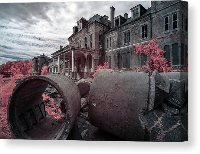 590nm 590 Nm Nanometer Ir Infrared False Color Rundown Run Down Abandoned Building Architecture Outside Outdoors Westboro Westborough State Hospital Insane Asylum Newengland New England Ma Mass Massachusetts Brian Hale Brianhalephoto Urbex Canvas Print featuring the photograph Climb In by Brian Hale