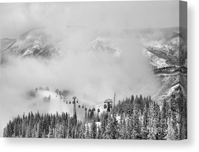 Aspen Gondola Canvas Print featuring the photograph Climbing Through The Storm Black And White by Adam Jewell
