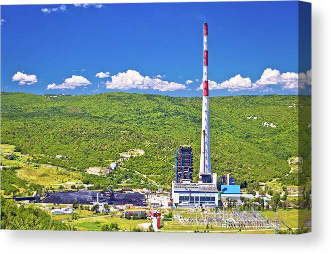 Building Canvas Print featuring the photograph Coal fossil fuel power plant in green Plomin valley and highest by Brch Photography