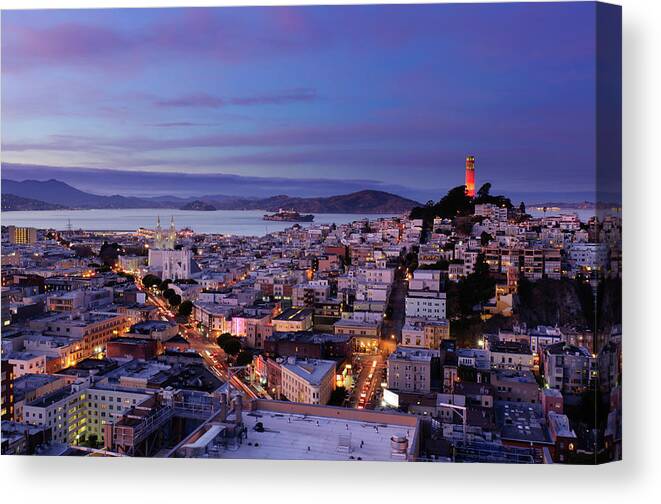 California Canvas Print featuring the photograph Coit Tower And North Beach At Dusk by Photo By Brandon Doran