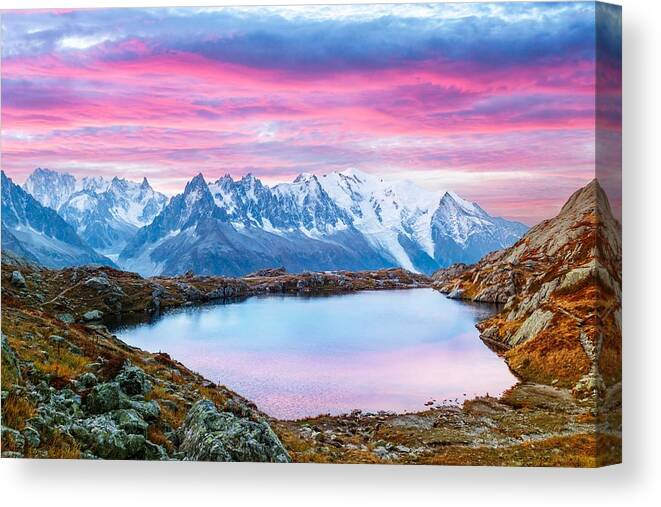Landscape Canvas Print featuring the photograph Colourful Sunset On Chesery Lake Lac De by Ivan Kmit