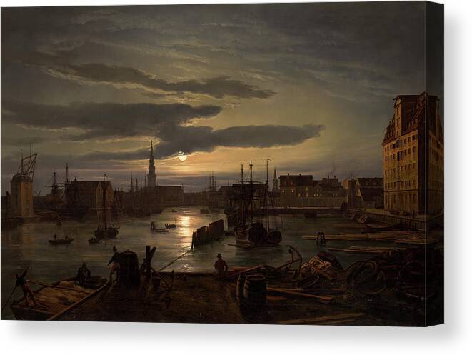 Ship Canvas Print featuring the painting Copenhagen Harbor by Moonlight                         by Johan Christian Dahl