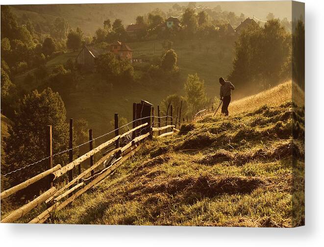 Hay Canvas Print featuring the photograph Cosasul Singuratic (the Lonely Harvester) by Vlad Dumitrescu