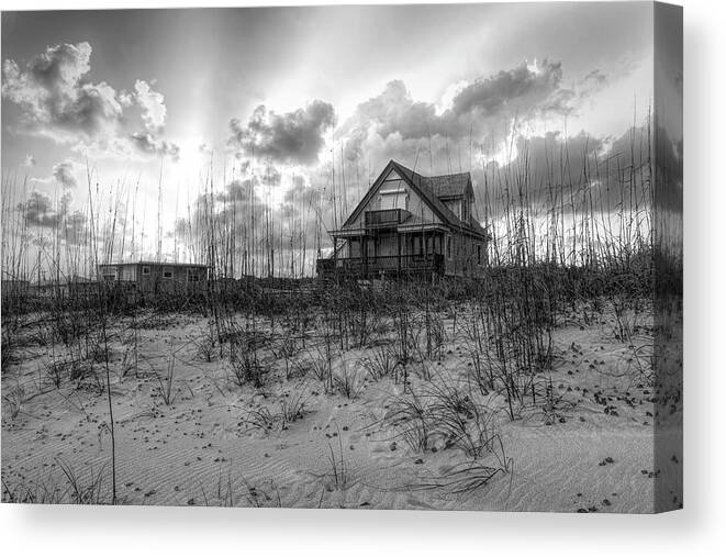 Boats Canvas Print featuring the photograph Cottage on the Dunes in Black and White by Debra and Dave Vanderlaan