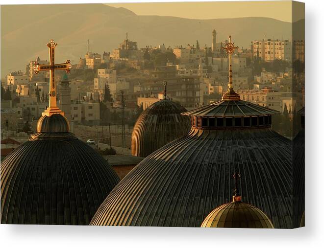 West Bank Canvas Print featuring the photograph Crosses And Domes In The Holy City Of by Picturejohn