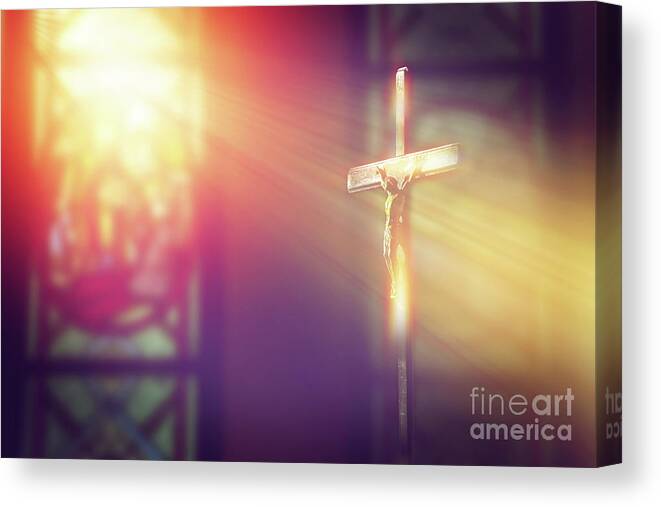Statue Canvas Print featuring the photograph Crucifix, Jesus On The Cross In Church by Thanasus