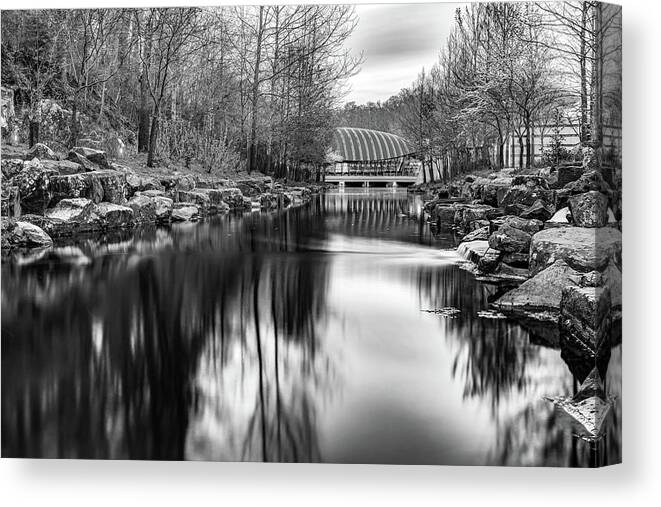 America Canvas Print featuring the photograph Crystal Bridges River View in Black and White - Bentonville Arkansas by Gregory Ballos