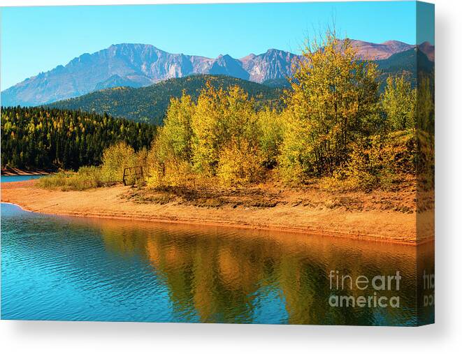 Crystal Reservoir Canvas Print featuring the photograph Crystal Reservoir and Pikes Peak in Autumn by Steven Krull