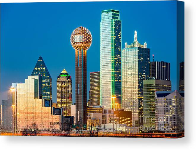 Dallas Canvas Print featuring the photograph Dallas Skyline At Sunset by Mandritoiu