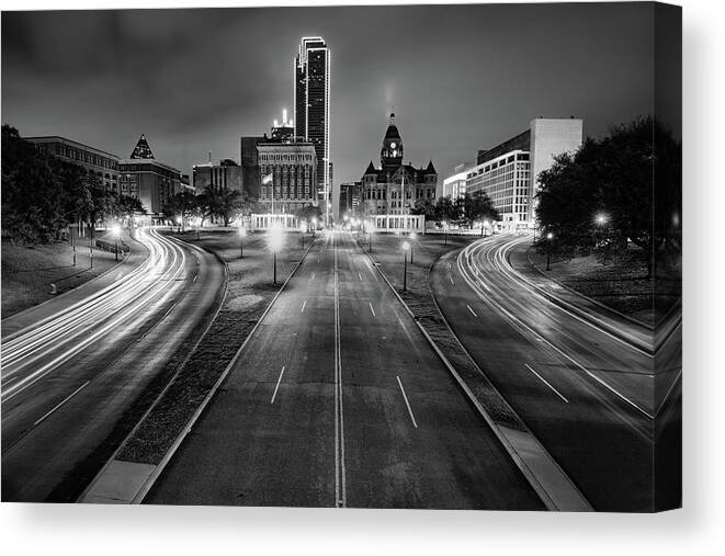 America Canvas Print featuring the photograph Dallas Skyline Over Dealey Plaza - Black and White Edition by Gregory Ballos