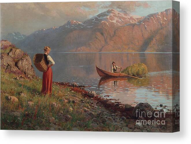 Hans Dahl Canvas Print featuring the painting Date by the fjord by Hans Dahl by O Vaering