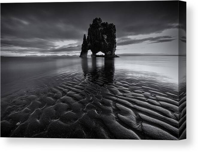 Rock Canvas Print featuring the photograph Dawn At Rhino Rock Black-white by Sunny Ding