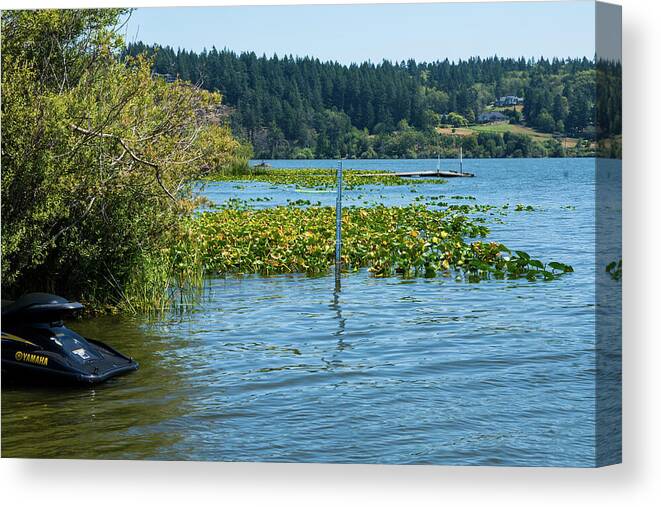 Depth Gauge And Water Lilies Canvas Print featuring the photograph Depth Gauge and Water Lilies by Tom Cochran