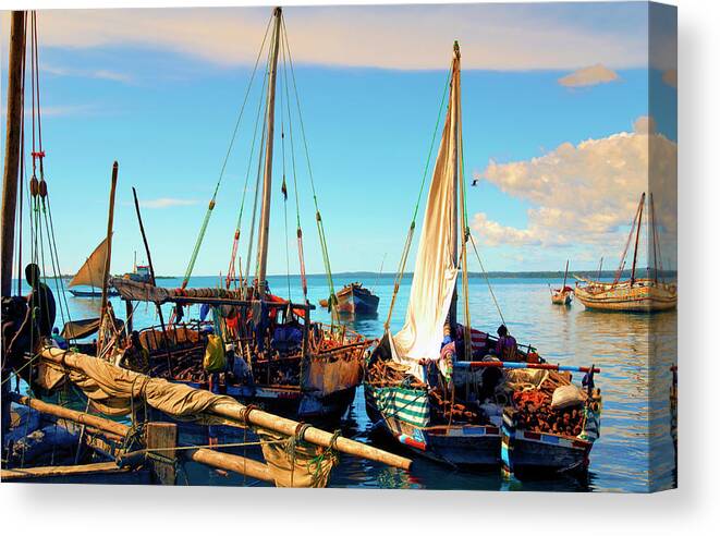 Top Photo Artist Canvas Print featuring the photograph Dhow Boats Stone Town Port Zanzibar Tanzania East Africa by Neptune - Amyn Nasser Photographer