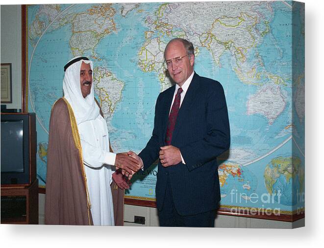 People Canvas Print featuring the photograph Dick Cheney And Sabah Al Almad Shaking by Bettmann